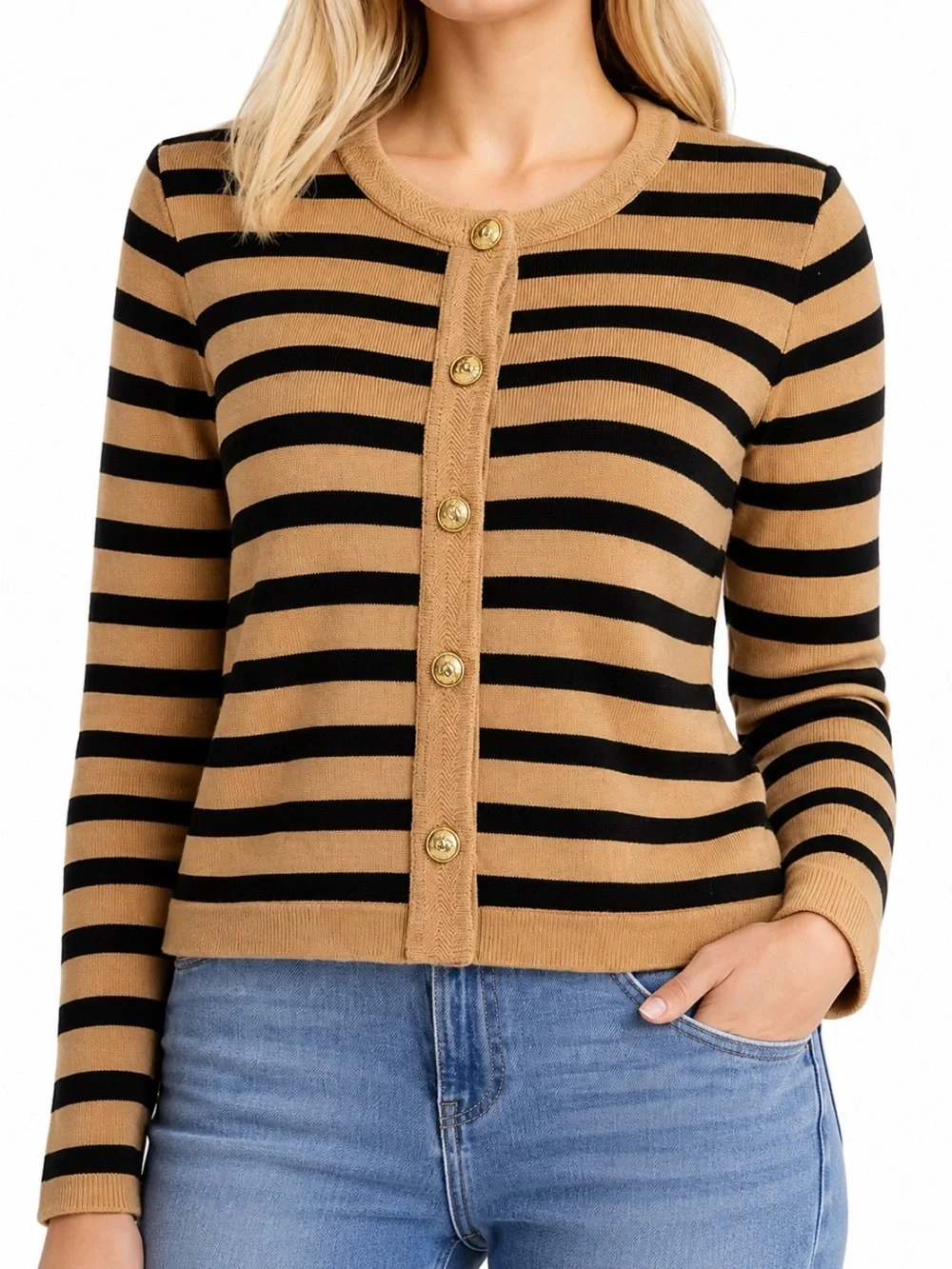 J.Crew Striped Cotton Lady Jacket Cardigan Sweater Camel/Black Small Like New!